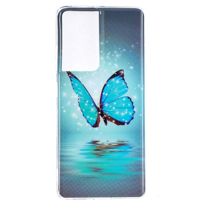 Hoesje Samsung Galaxy S21 Ultra 5G Fluorescerende Blauwe Vlinder