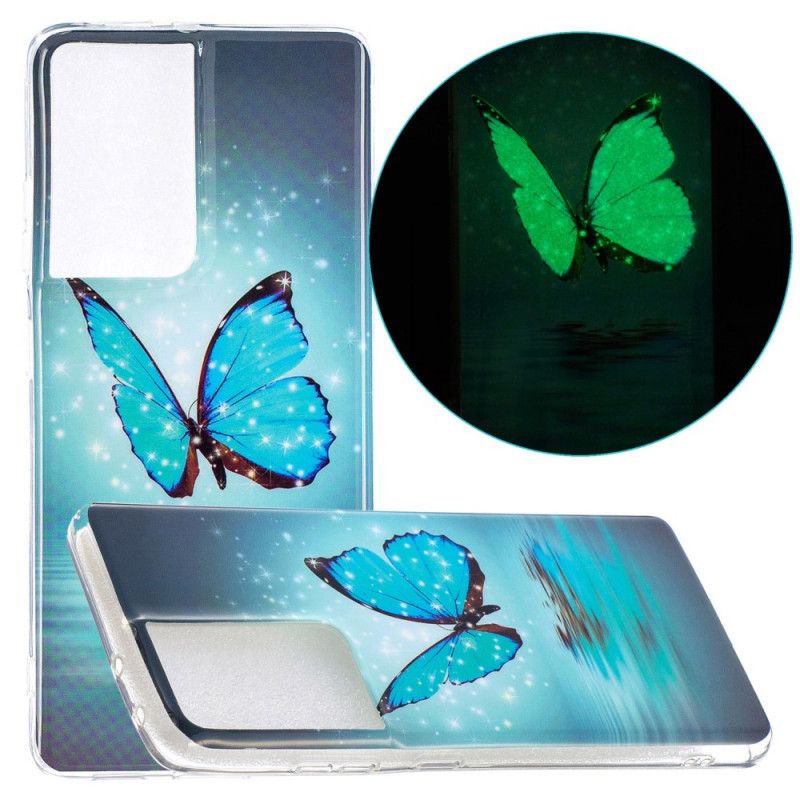Hoesje Samsung Galaxy S21 Ultra 5G Fluorescerende Blauwe Vlinder