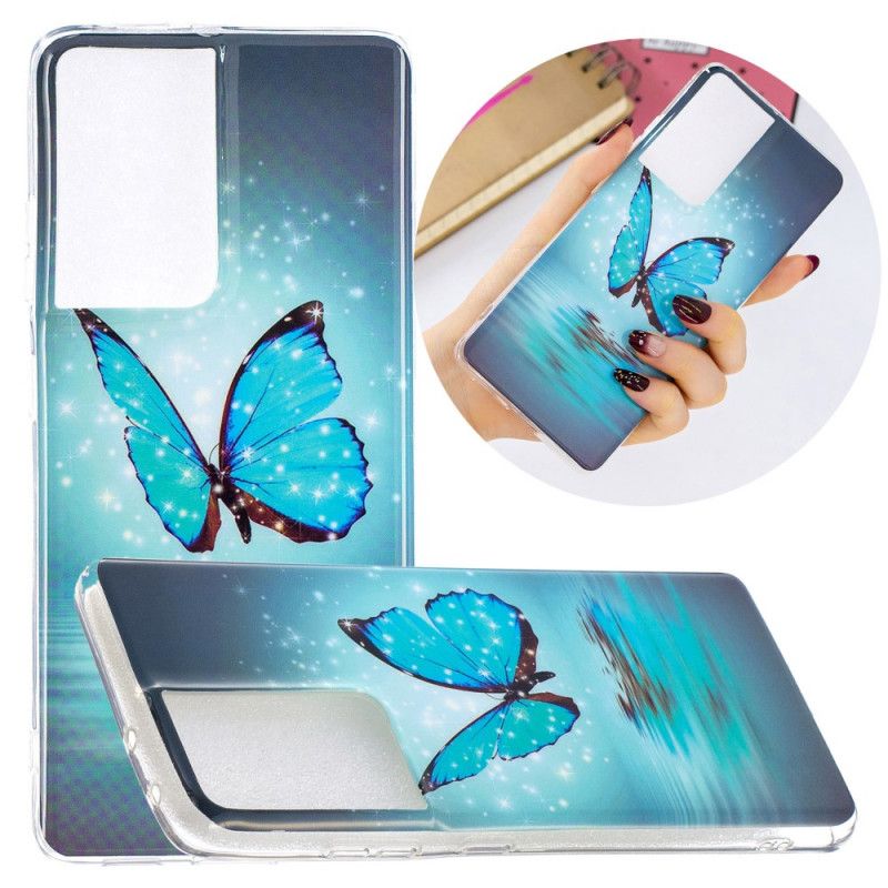 Hoesje Samsung Galaxy S21 Ultra 5G Fluorescerende Blauwe Vlinder