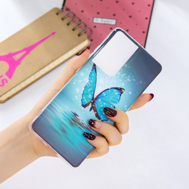Hoesje Samsung Galaxy S21 Ultra 5G Fluorescerende Blauwe Vlinder