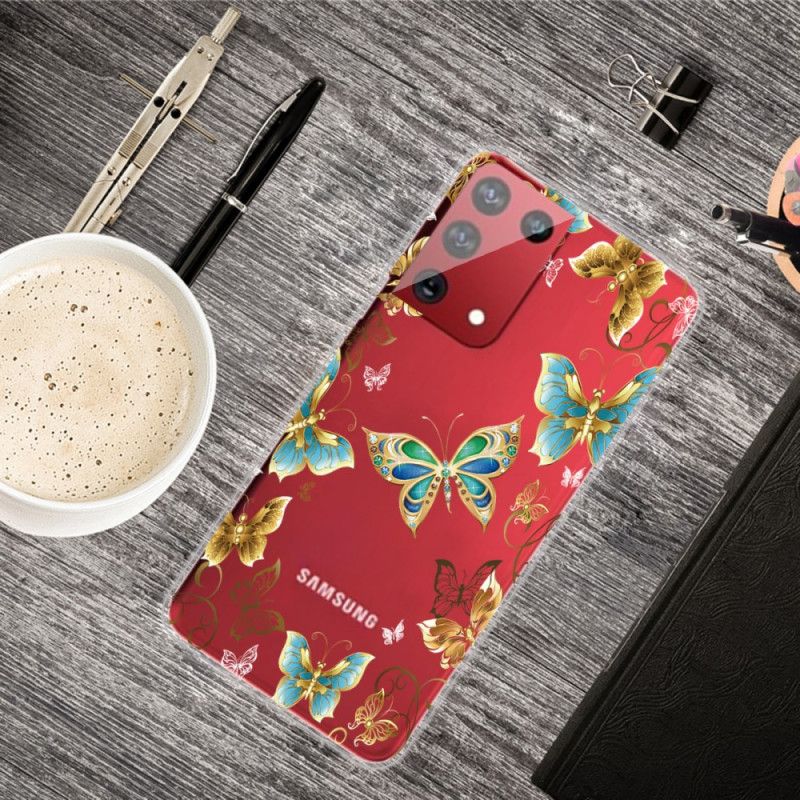 Hoesje Samsung Galaxy S21 Ultra 5G Goud Donkerblauw Design Vlinders