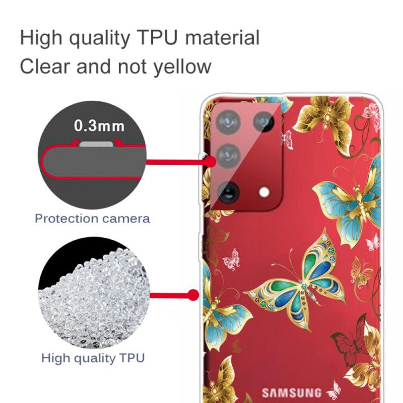 Hoesje Samsung Galaxy S21 Ultra 5G Goud Donkerblauw Design Vlinders