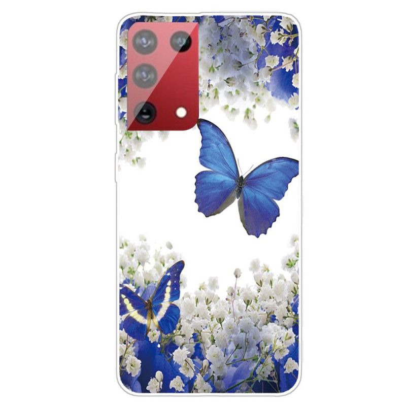 Hoesje Samsung Galaxy S21 Ultra 5G Goud Donkerblauw Design Vlinders