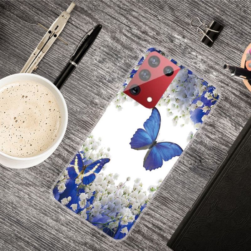 Hoesje Samsung Galaxy S21 Ultra 5G Goud Donkerblauw Design Vlinders
