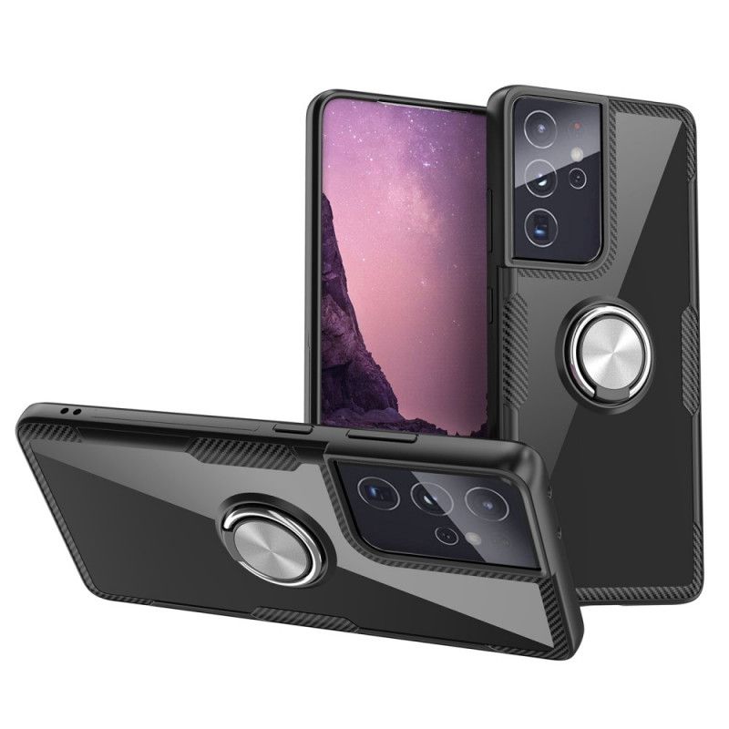Hoesje Samsung Galaxy S21 Ultra 5G Grijs Zwart Metalen Ring Van Koolstofvezel