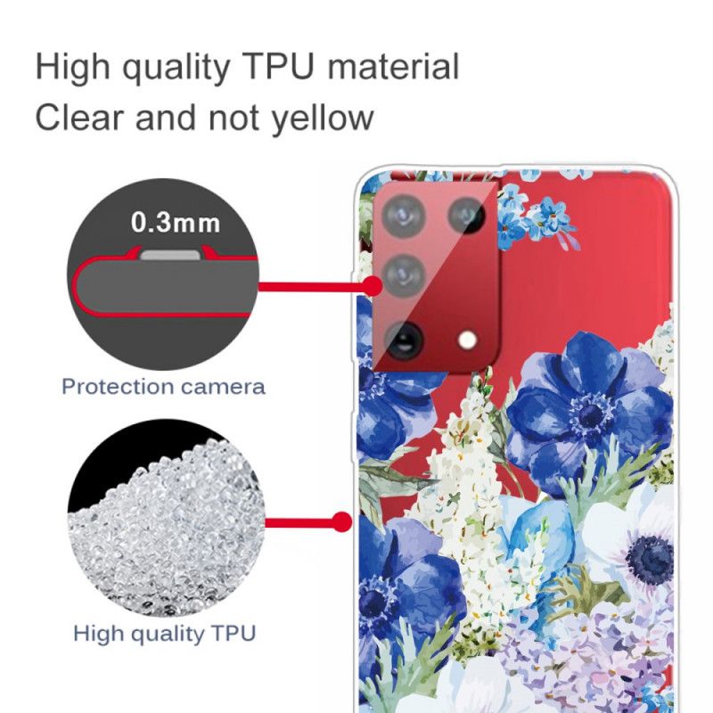Hoesje Samsung Galaxy S21 Ultra 5G Telefoonhoesje Aquarel Blauwe Bloemen