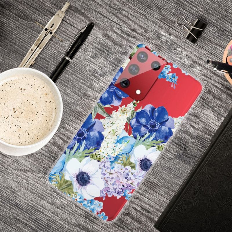 Hoesje Samsung Galaxy S21 Ultra 5G Telefoonhoesje Aquarel Blauwe Bloemen