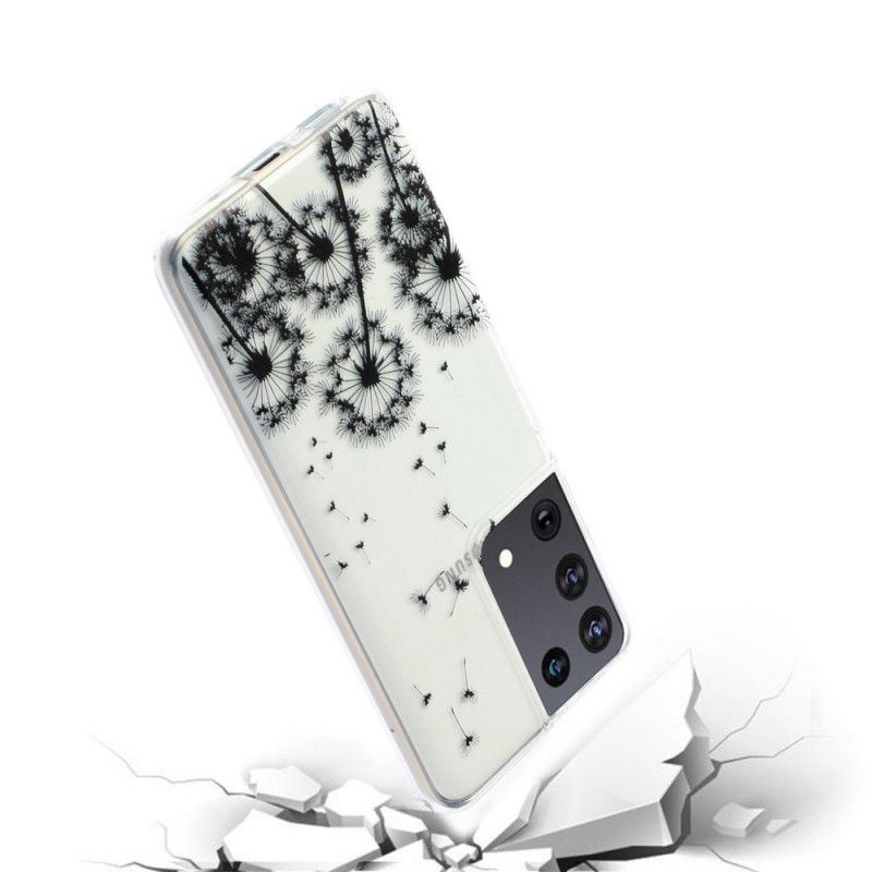 Hoesje Samsung Galaxy S21 Ultra 5G Transparant Zwarte Paardebloemen