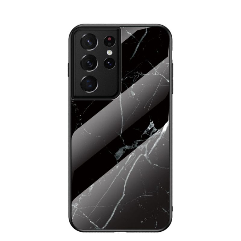 Hoesje Samsung Galaxy S21 Ultra 5G Wit Zwart Marmer Kleuren Gehard Glas