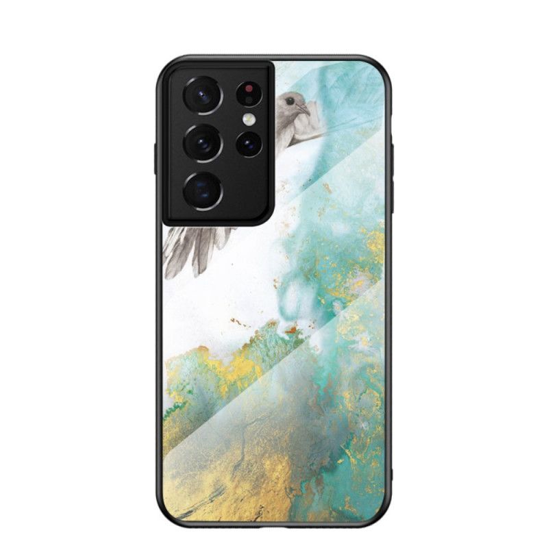 Hoesje Samsung Galaxy S21 Ultra 5G Wit Zwart Marmer Kleuren Gehard Glas