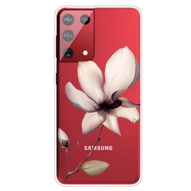 Hoesje voor Samsung Galaxy S21 Ultra 5G Groen Roze Een Bloem Transparant