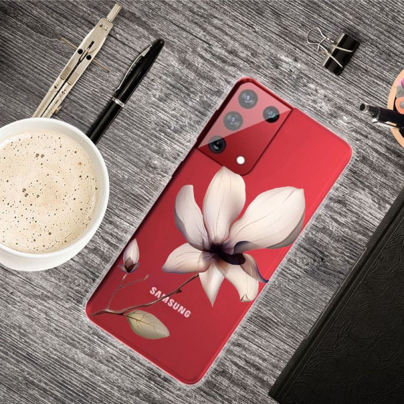 Hoesje voor Samsung Galaxy S21 Ultra 5G Groen Roze Een Bloem Transparant