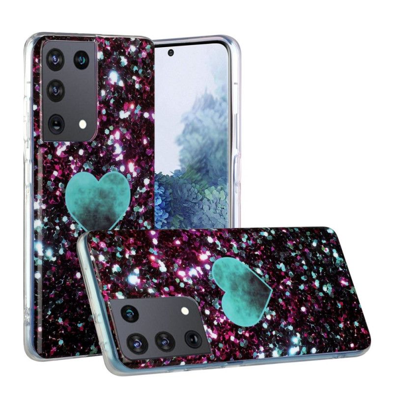 Hoesje voor Samsung Galaxy S21 Ultra 5G Wit Zwart Glitter Marmeren Hart