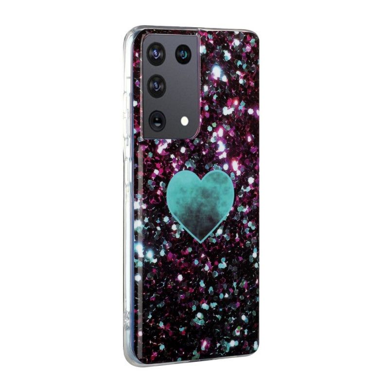 Hoesje voor Samsung Galaxy S21 Ultra 5G Wit Zwart Glitter Marmeren Hart