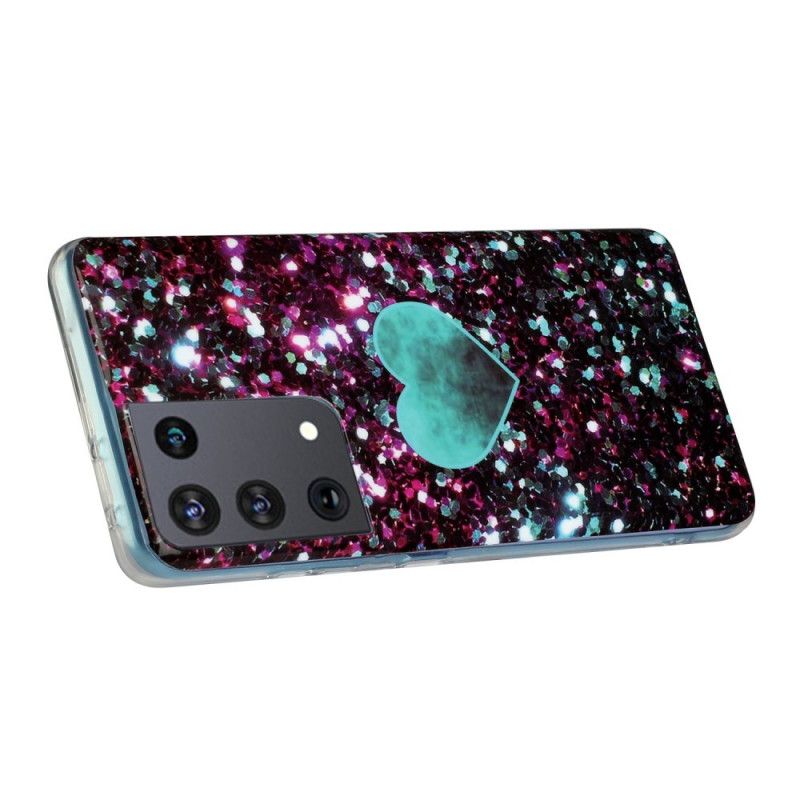 Hoesje voor Samsung Galaxy S21 Ultra 5G Wit Zwart Glitter Marmeren Hart