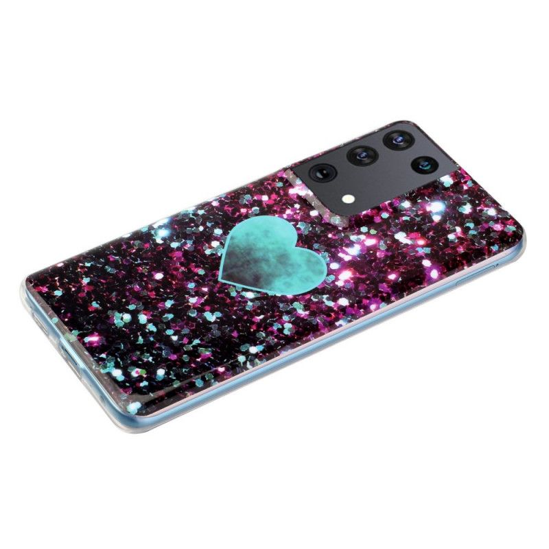 Hoesje voor Samsung Galaxy S21 Ultra 5G Wit Zwart Glitter Marmeren Hart