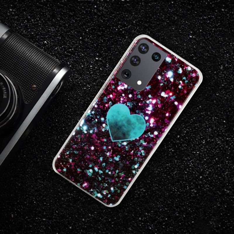 Hoesje voor Samsung Galaxy S21 Ultra 5G Wit Zwart Glitter Marmeren Hart