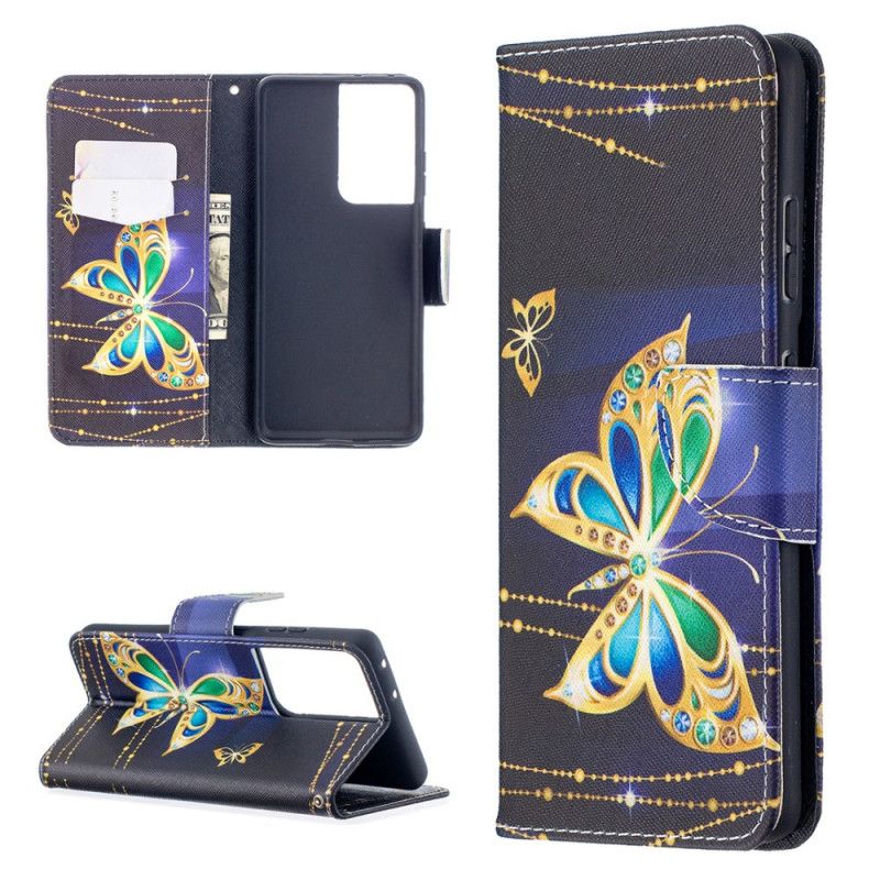 Leren Hoesje Samsung Galaxy S21 Ultra 5G Donkerblauw Zwart Koningen Vlinders