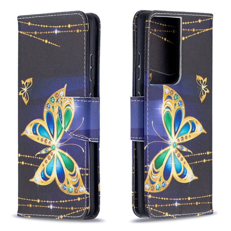 Leren Hoesje Samsung Galaxy S21 Ultra 5G Donkerblauw Zwart Koningen Vlinders