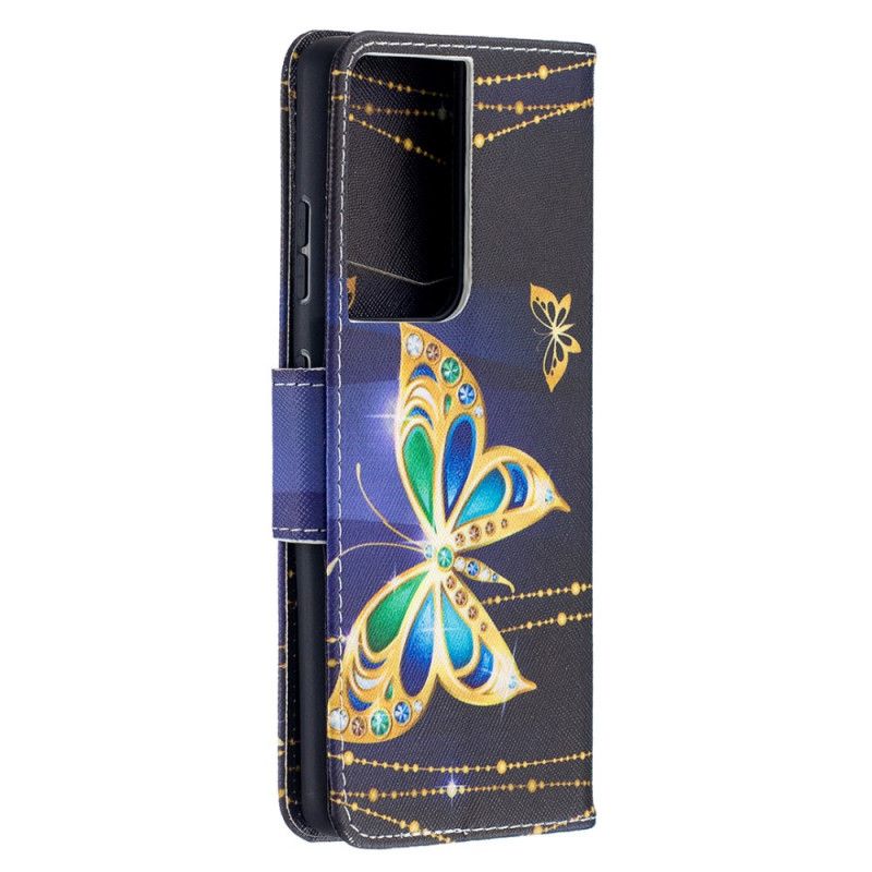Leren Hoesje Samsung Galaxy S21 Ultra 5G Donkerblauw Zwart Koningen Vlinders
