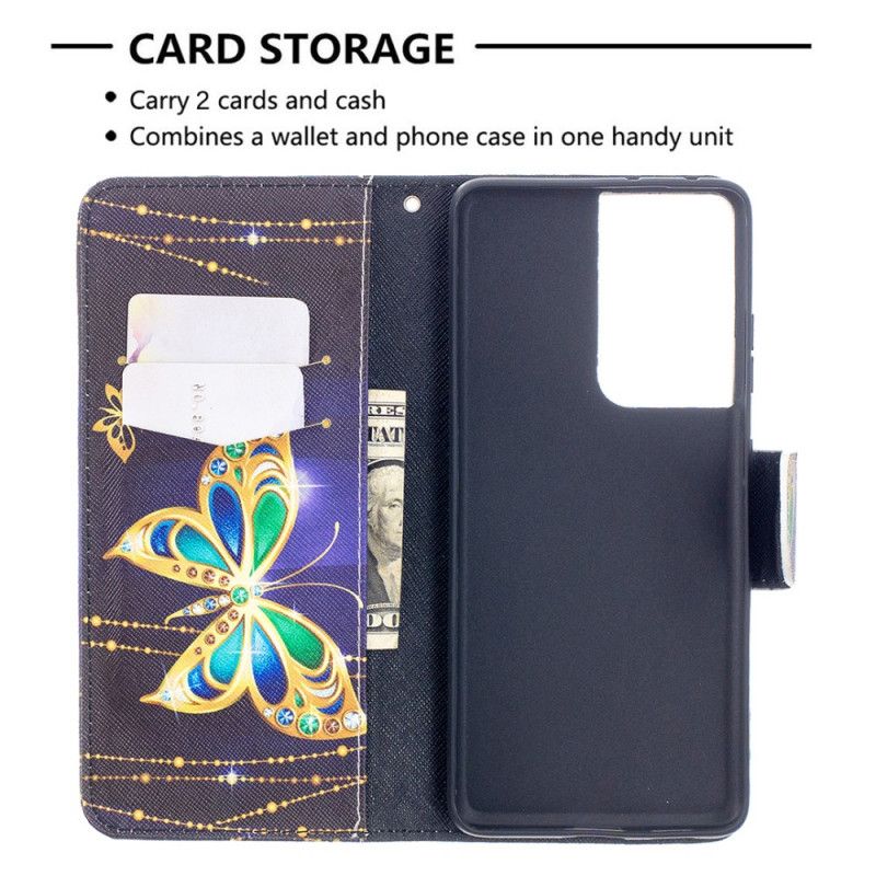 Leren Hoesje Samsung Galaxy S21 Ultra 5G Donkerblauw Zwart Koningen Vlinders
