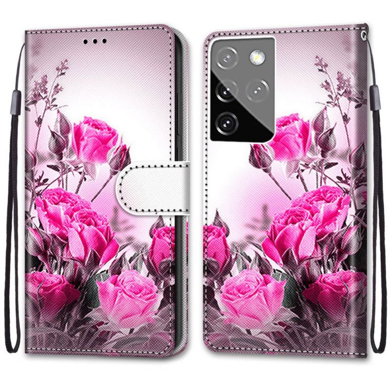 Leren Hoesje Samsung Galaxy S21 Ultra 5G Goud Magenta Magische Bloemen