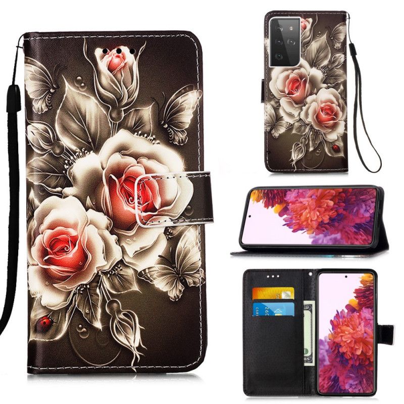 Leren Hoesje Samsung Galaxy S21 Ultra 5G Gouden Rozen