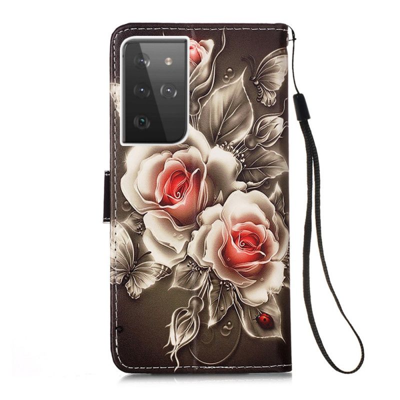 Leren Hoesje Samsung Galaxy S21 Ultra 5G Gouden Rozen