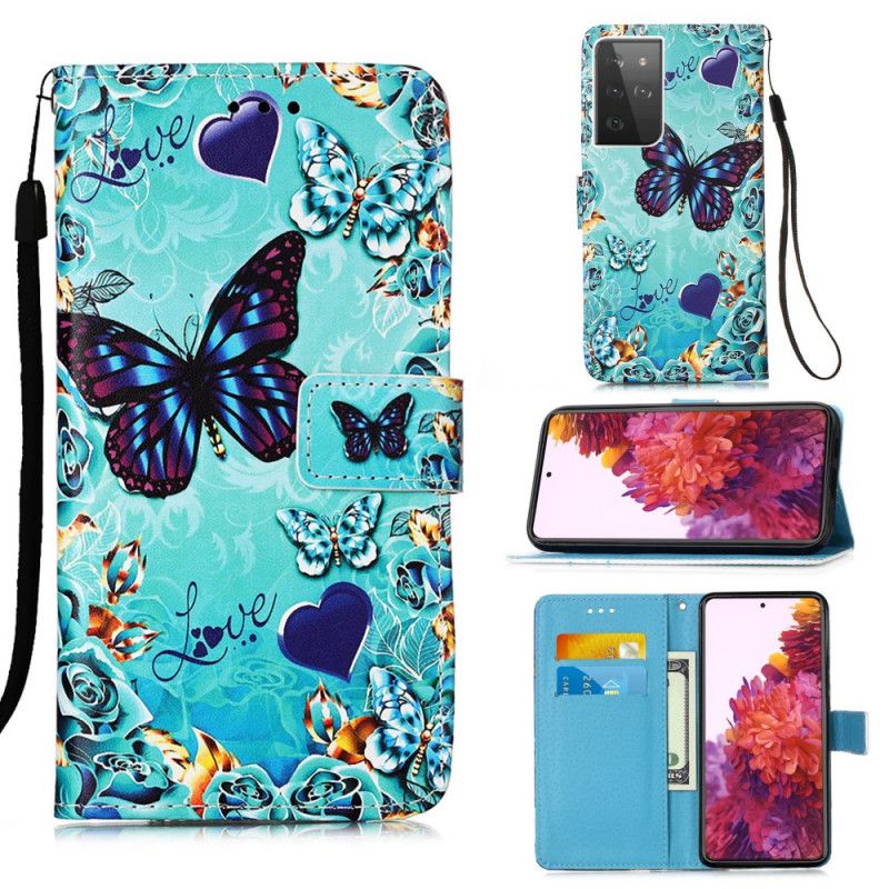 Leren Hoesje Samsung Galaxy S21 Ultra 5G Gouden Vlinders
