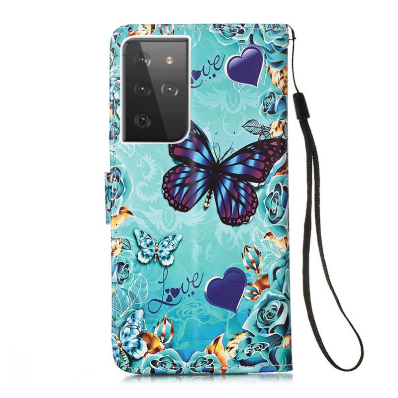 Leren Hoesje Samsung Galaxy S21 Ultra 5G Gouden Vlinders
