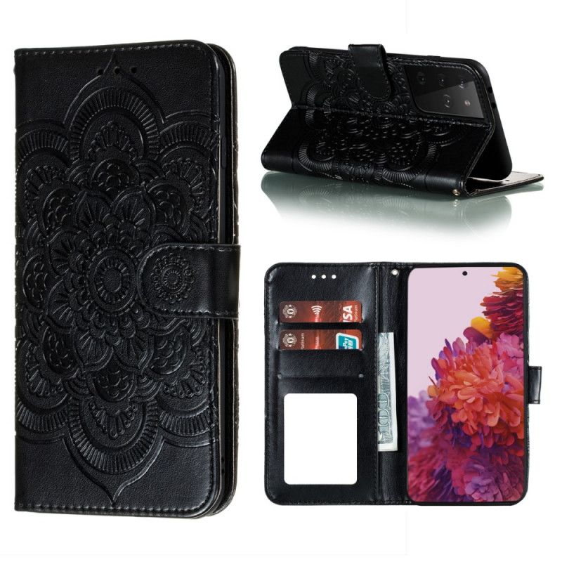 Leren Hoesje Samsung Galaxy S21 Ultra 5G Grijs Zwart Hele Mandala