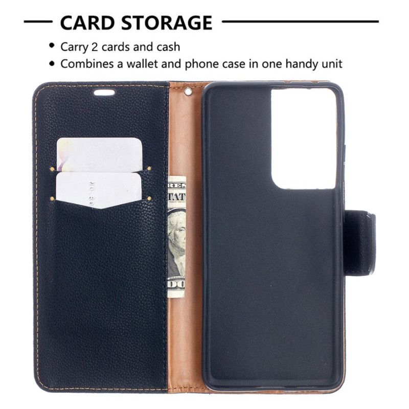 Leren Hoesje Samsung Galaxy S21 Ultra 5G Grijs Zwart Lychee Schuine Flap