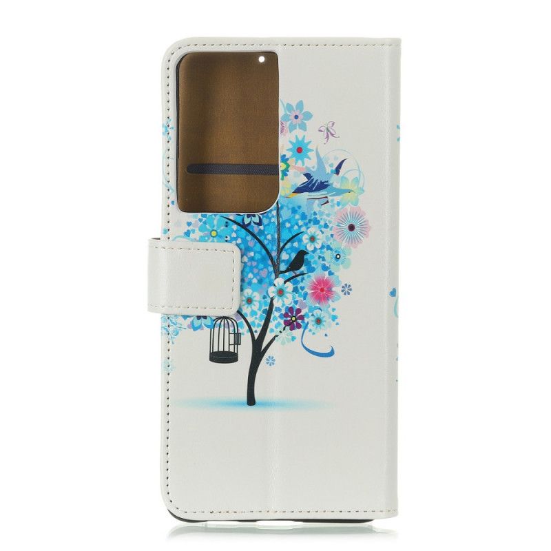 Leren Hoesje Samsung Galaxy S21 Ultra 5G Groen Oranje Bloeiende Boom