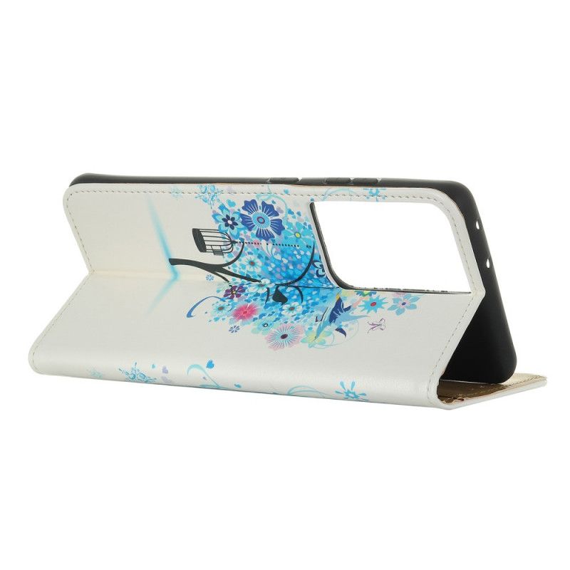 Leren Hoesje Samsung Galaxy S21 Ultra 5G Groen Oranje Bloeiende Boom