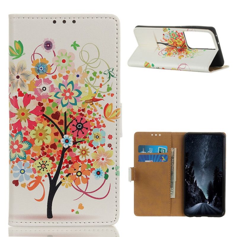 Leren Hoesje Samsung Galaxy S21 Ultra 5G Groen Oranje Bloeiende Boom