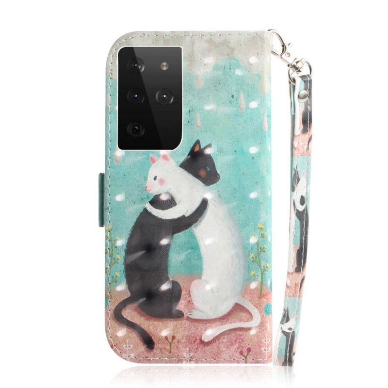 Leren Hoesje Samsung Galaxy S21 Ultra 5G Kattenvriendjes Met String