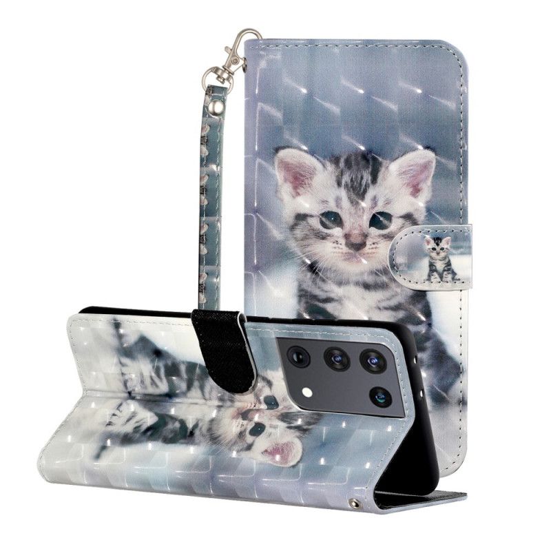 Leren Hoesje Samsung Galaxy S21 Ultra 5G Kitten Light Spots Met Riempje