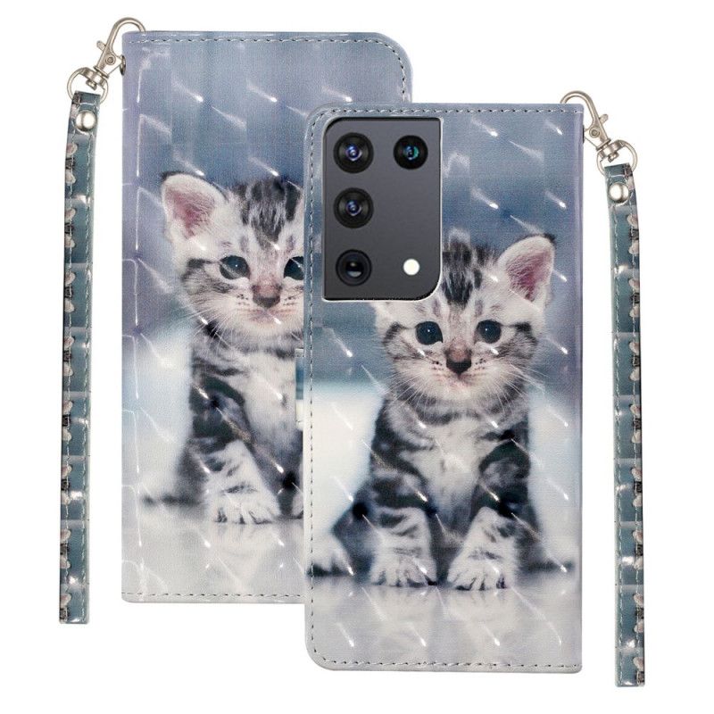Leren Hoesje Samsung Galaxy S21 Ultra 5G Kitten Light Spots Met Riempje