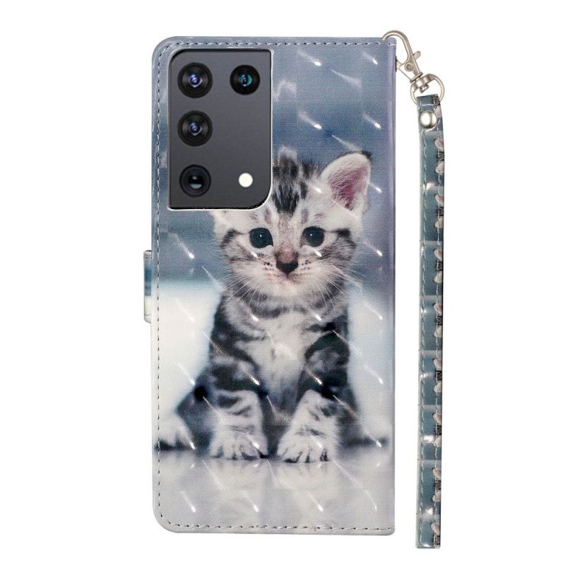 Leren Hoesje Samsung Galaxy S21 Ultra 5G Kitten Light Spots Met Riempje
