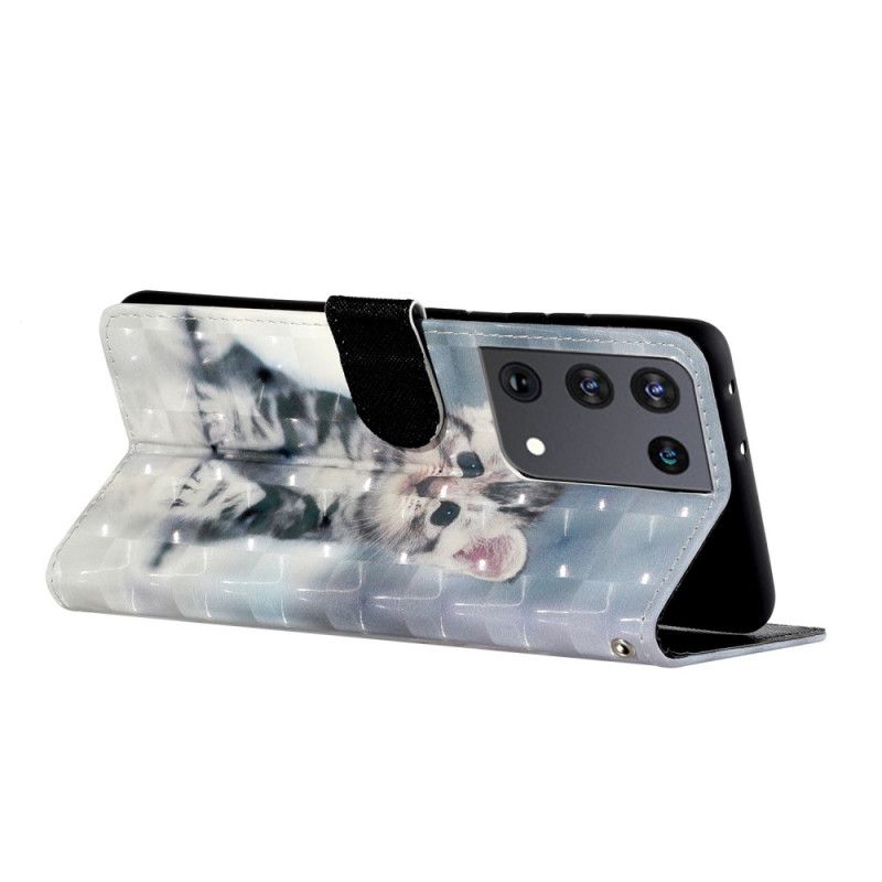 Leren Hoesje Samsung Galaxy S21 Ultra 5G Kitten Light Spots Met Riempje