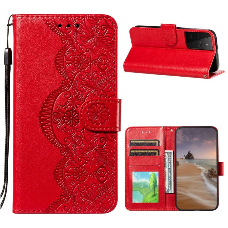 Leren Hoesje Samsung Galaxy S21 Ultra 5G Lichtblauw Rood Telefoonhoesje Bloemenborduurprint