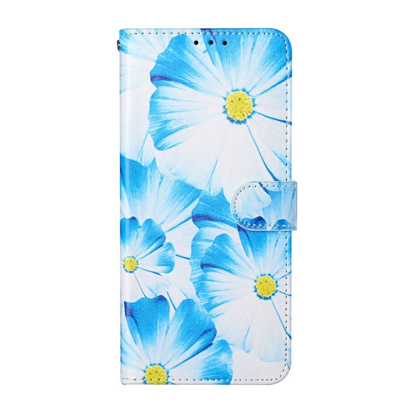 Leren Hoesje Samsung Galaxy S21 Ultra 5G Lichtblauw Zwart Telefoonhoesje Wilde Bloemen