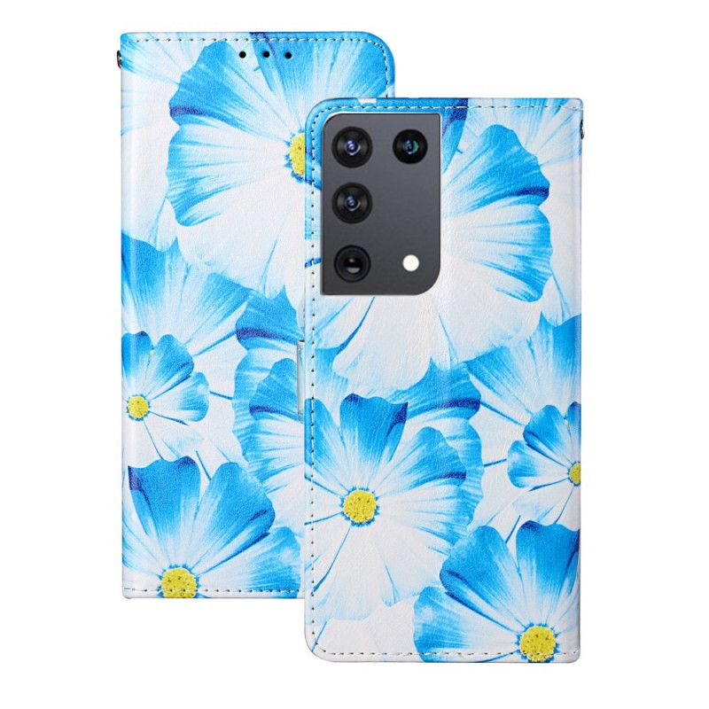 Leren Hoesje Samsung Galaxy S21 Ultra 5G Lichtblauw Zwart Telefoonhoesje Wilde Bloemen