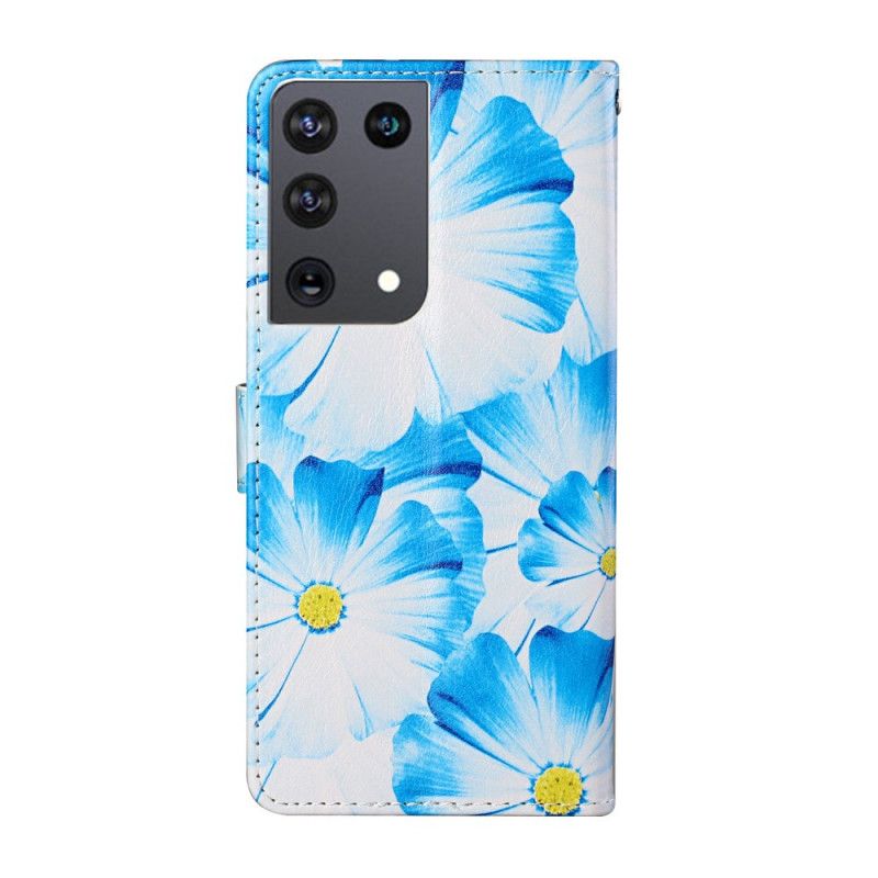 Leren Hoesje Samsung Galaxy S21 Ultra 5G Lichtblauw Zwart Telefoonhoesje Wilde Bloemen
