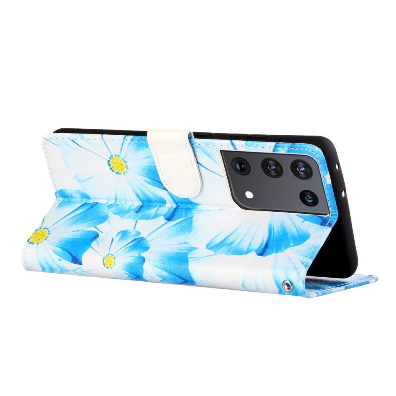 Leren Hoesje Samsung Galaxy S21 Ultra 5G Lichtblauw Zwart Telefoonhoesje Wilde Bloemen