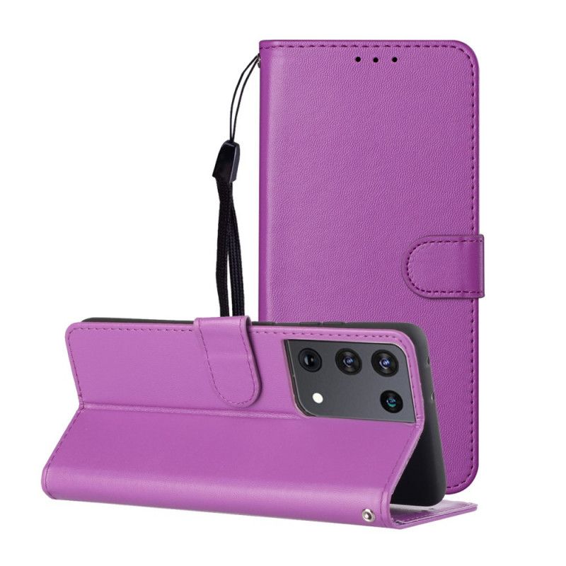 Leren Hoesje Samsung Galaxy S21 Ultra 5G Magenta Zwart Uniek Ontwerp Met Riem