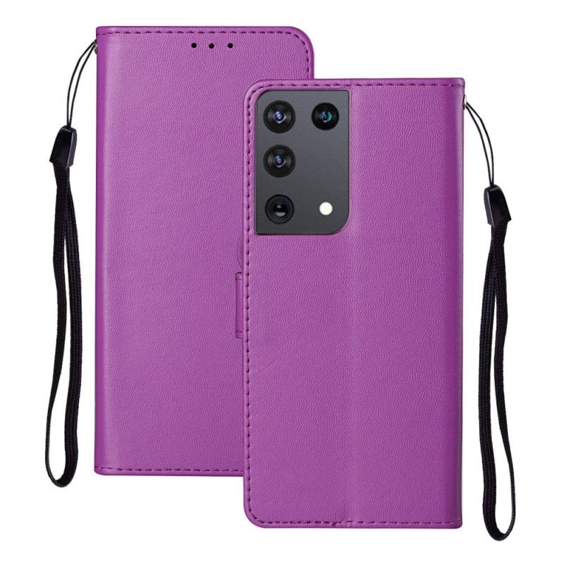 Leren Hoesje Samsung Galaxy S21 Ultra 5G Magenta Zwart Uniek Ontwerp Met Riem