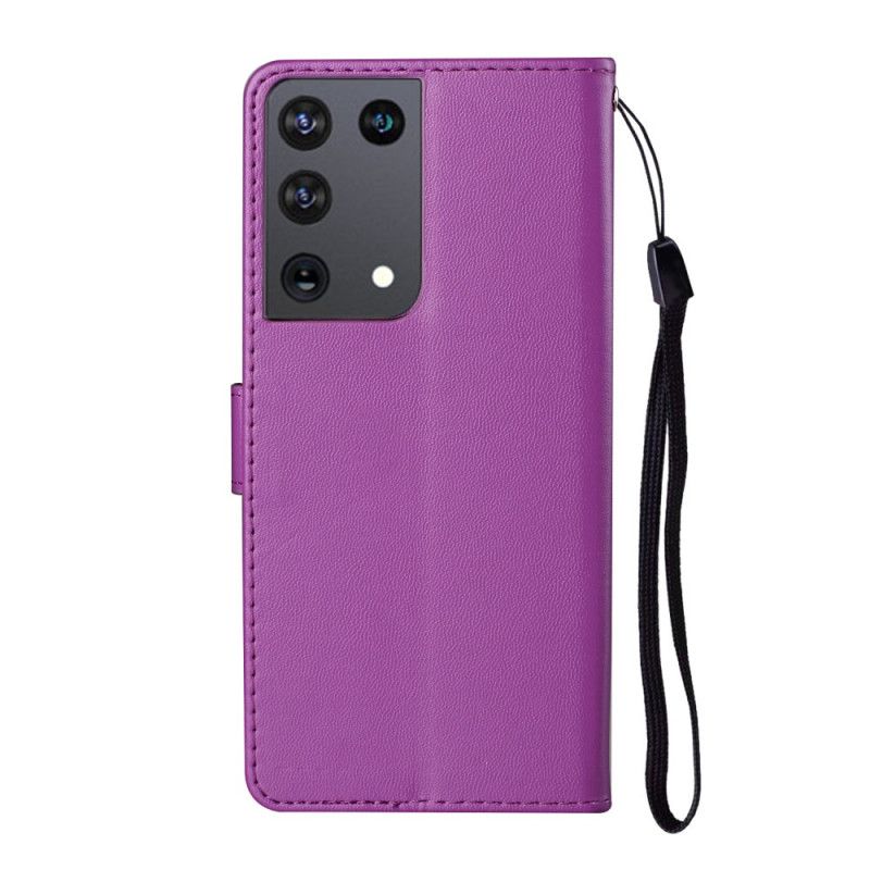 Leren Hoesje Samsung Galaxy S21 Ultra 5G Magenta Zwart Uniek Ontwerp Met Riem