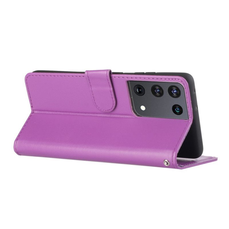 Leren Hoesje Samsung Galaxy S21 Ultra 5G Magenta Zwart Uniek Ontwerp Met Riem