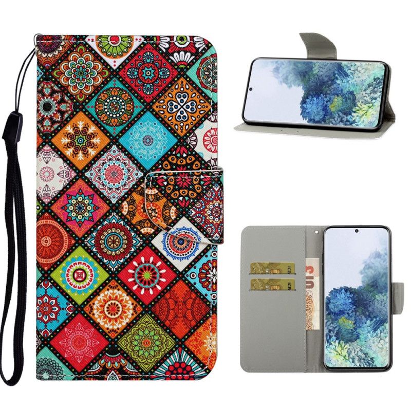 Leren Hoesje Samsung Galaxy S21 Ultra 5G Patchwork Mandala'S Met String